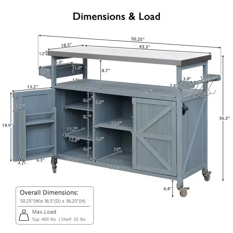 Okak Outdoor Kitchen Island with Stainless Steel Top, Wooden Kitchen Cart with Doors, Shelves and Spice Rack, Rolling Kitchen Island