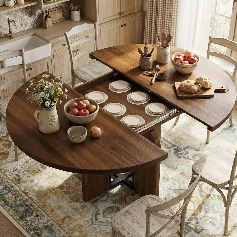 Table à manger ronde extensible 47-63 pour 4-8 personnes, table de cuisine extensible en bois de style ferme avec cadre métallique, ovale peu encombrante pour appartement, gris rétro