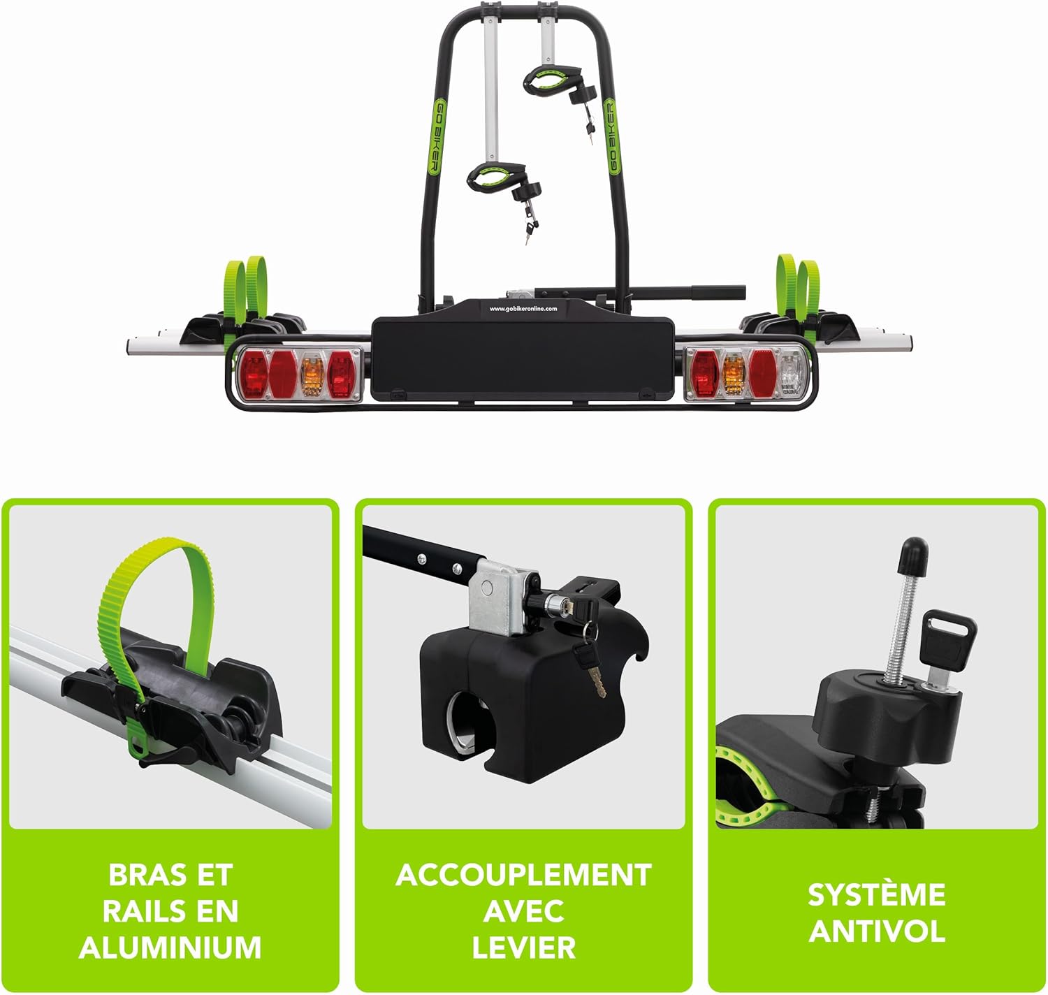 GO BIKER Porte-Vélo sur Attelage - Modèles 2 à 4 Vélos - Gamme Complète Boule de Remorque - Supporte 15 et 30 kg/Rail - Châssis Acier/Aluminium - Tous Types de Vélos - Antivol - E-Bike (E-Trek)