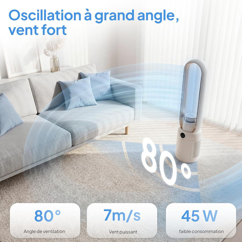 ROVSUN Ventilateur Colonne Purificateur d'Air, Ventilateur Sans Pales 110 cm, Humidification, Ions Négatifs, Stérilisation UV, 32 Vitesses, 4 Modes, 15H Minuteur, Oscillation 80°, Tactile+Télécommande