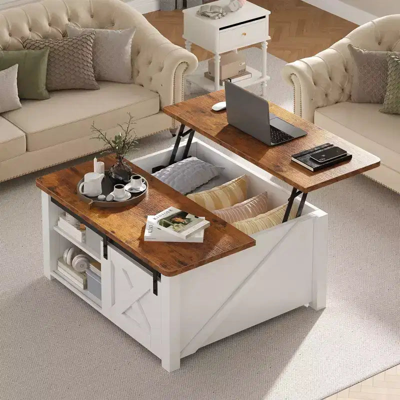 Table basse relevable JIONJOY 31,5" avec grand espace de rangement dissimulé, étagères réglables, table basse carrée de style ferme pour salon, petits espaces