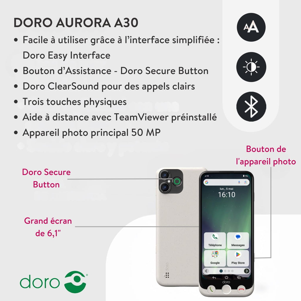 Doro - Téléphone Aurora A30 - Téléphone Portable Senior - Facile à Utiliser - Touche d'Assistance avec Localisation GPS - Compatible Appareils Auditifs - Câble USB Inclus - Graphite