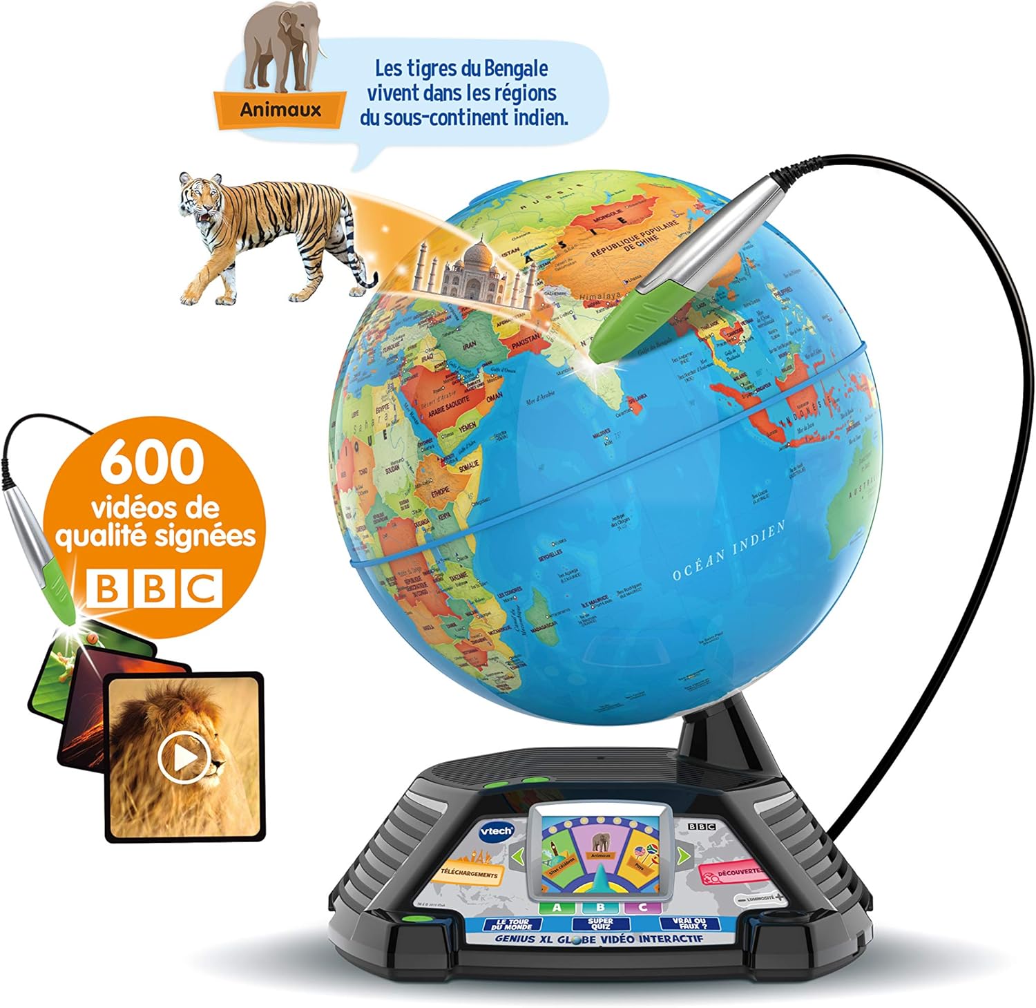 VTech - Genius XL Globe Vidéo Interactif, Globe Terrestre Enfant avec Écran Couleur, Stylet Tactile, 600 Vidéos de la BBC, Jouet Scientifique Éducatif, Cadeau Enfant Dès 7 Ans - Contenu en Français