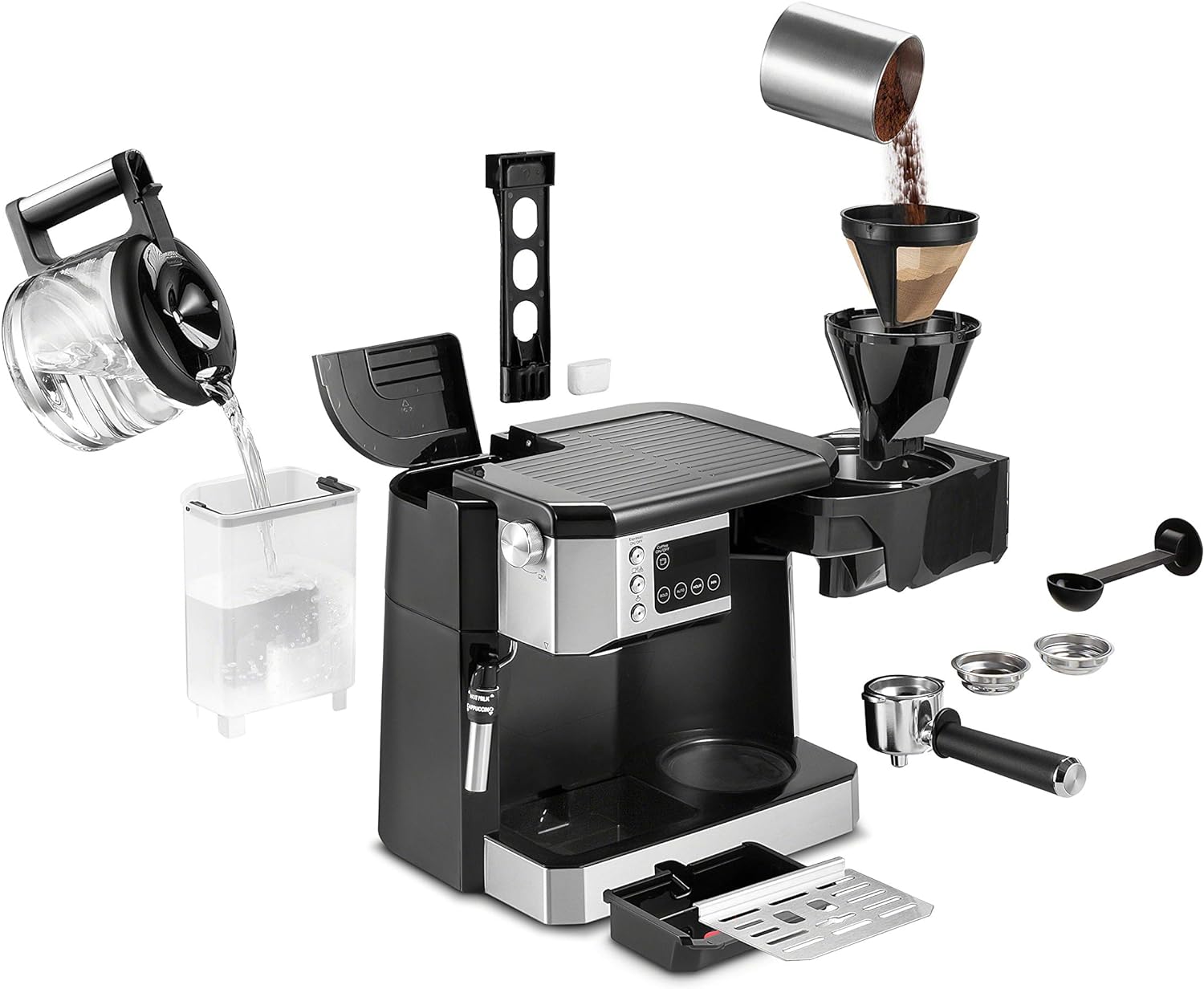 De'Longhi All-in-One Combination Coffee Maker & Espresso Machine + Advanced Adjustable Milk Frother for Cappuccino & Latte + Glass Coffee Pot 10-Cup, Black, COM532M