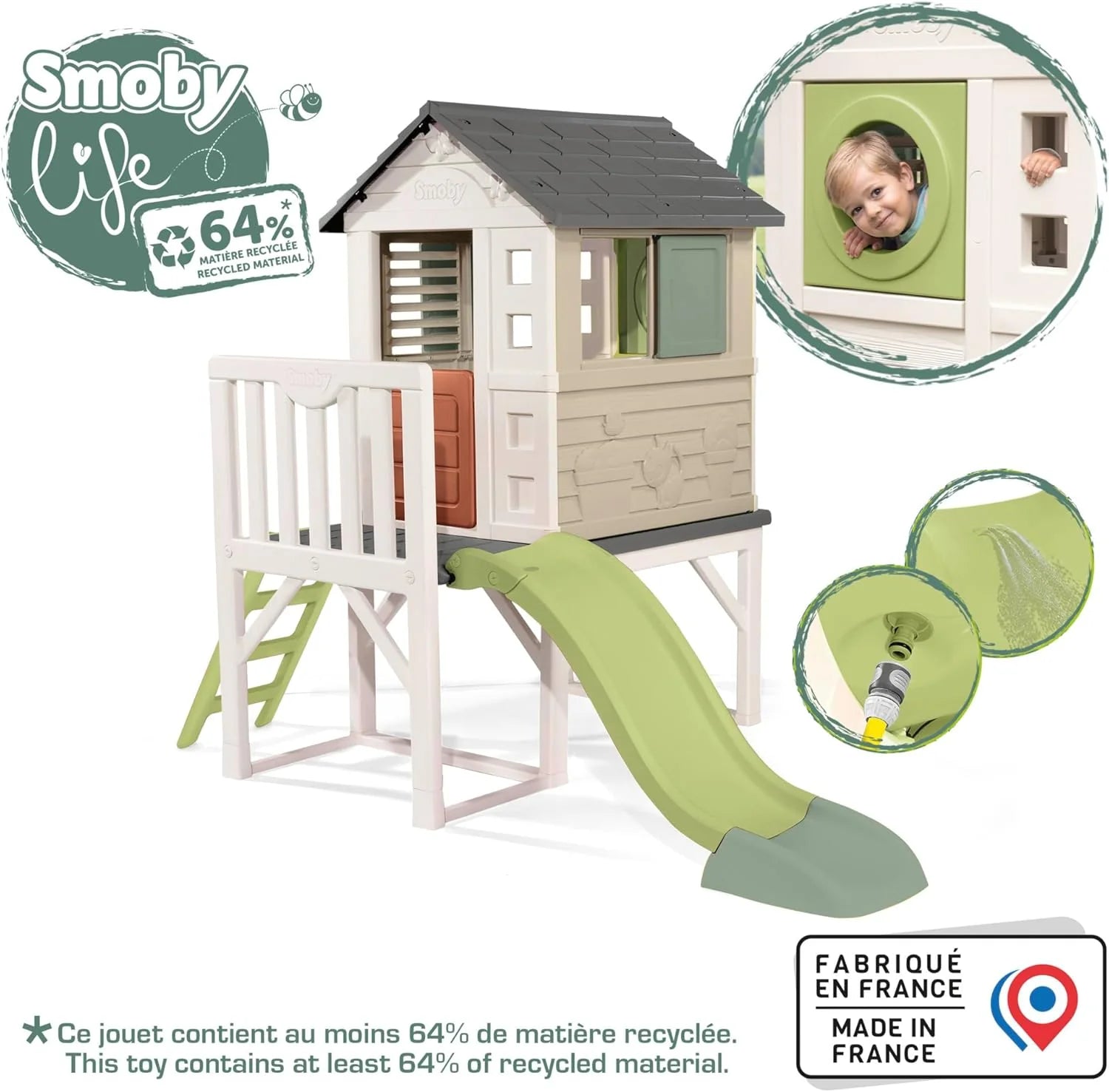 Smoby Life maison pilotis 70cm, toboggan, matière recyclée, dès 2 ans
