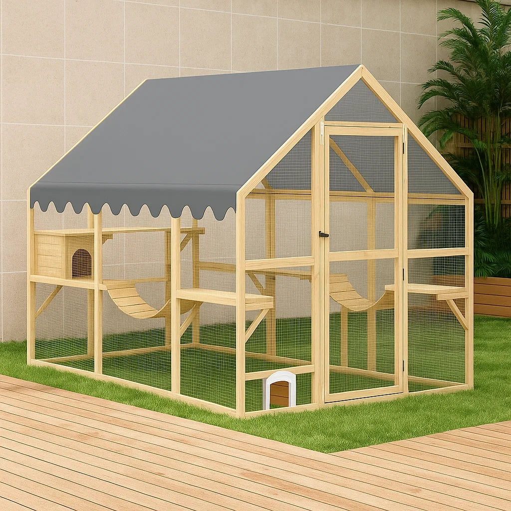 Cage pour chat extérieur en bois et polyester,200x120x170 cm
