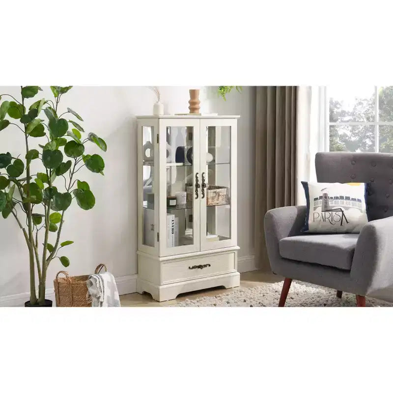 Vitrine en verre éclairée avec étagères réglables - Vitrine élégante à 2 portes et tiroir intégré, ampoule incluse
