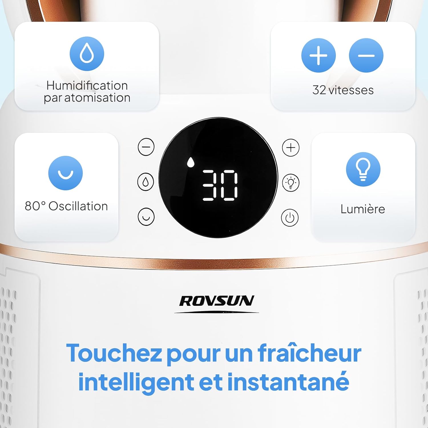 ROVSUN Ventilateur Colonne Purificateur d'Air, Ventilateur Sans Pales 110 cm, Humidification, Ions Négatifs, Stérilisation UV, 32 Vitesses, 4 Modes, 15H Minuteur, Oscillation 80°, Tactile+Télécommande