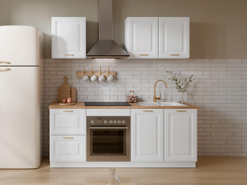 Vente-unique - Cuisine compléte - avec Plan de Travail 200 cm - Blanc et Naturel - CELOMIA
