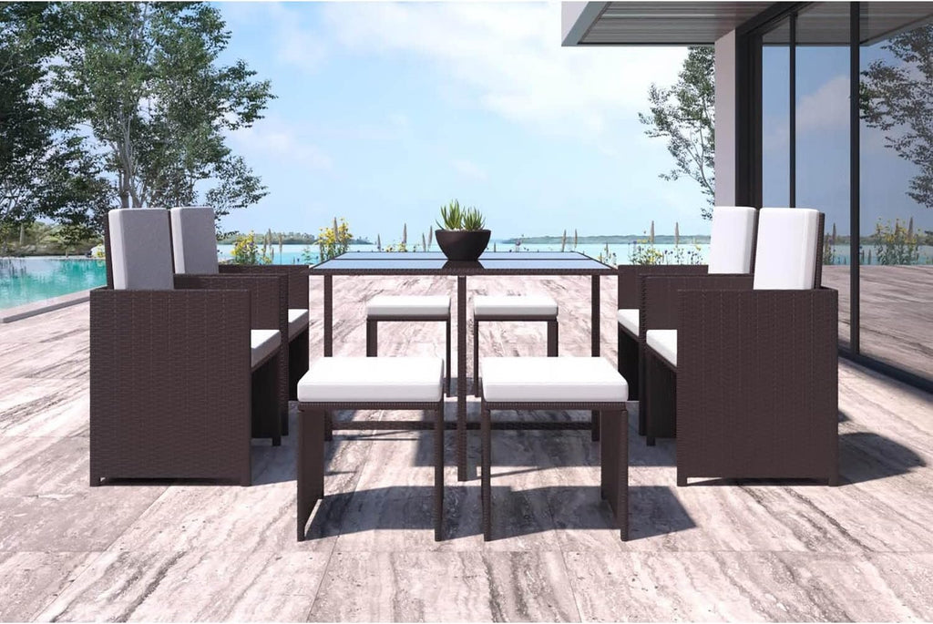 CONCEPT USINE - Salon De Jardin Florida 8 Personnes en Résine Tressée Marron - 1 Table en Verre - 4 Fauteuils - 4 Poufs - Coussins Blanc - Encastrable, Résistant, Imperméable