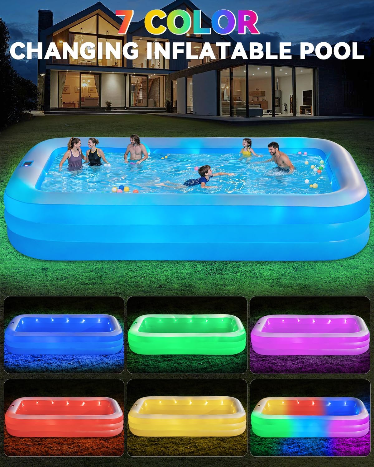 Grande piscine gonflable pour adultes, 330,2 x 182,9 x 55,9 cm, piscine gonflable épaisse avec lumières et pompe, 7 couleurs changeantes, durable, piscine familiale pour jardin, jardin extérieur