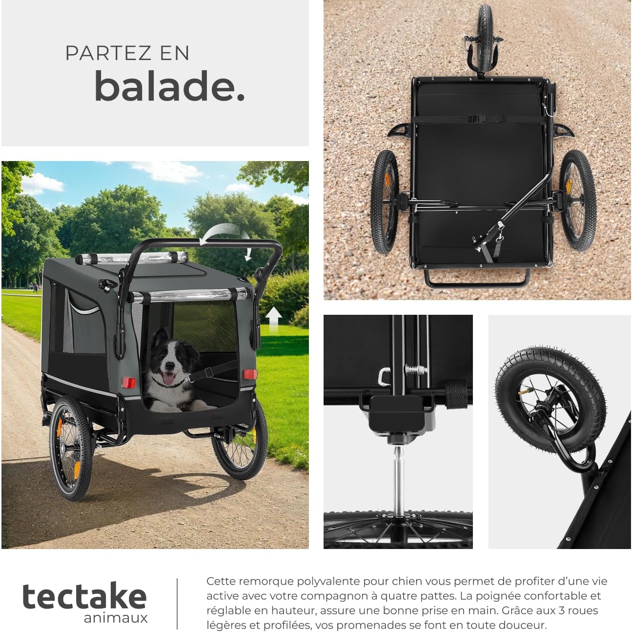 tectake® Remorque Velo Chien 3 en 1 Pliable avec Reflecteurs, Drapeau, Remorques Vélo pour Chiens Aussi comme Poussette Chien Animaux de Compagnie de Taille Moyenne Charge Maximale 40 kg
