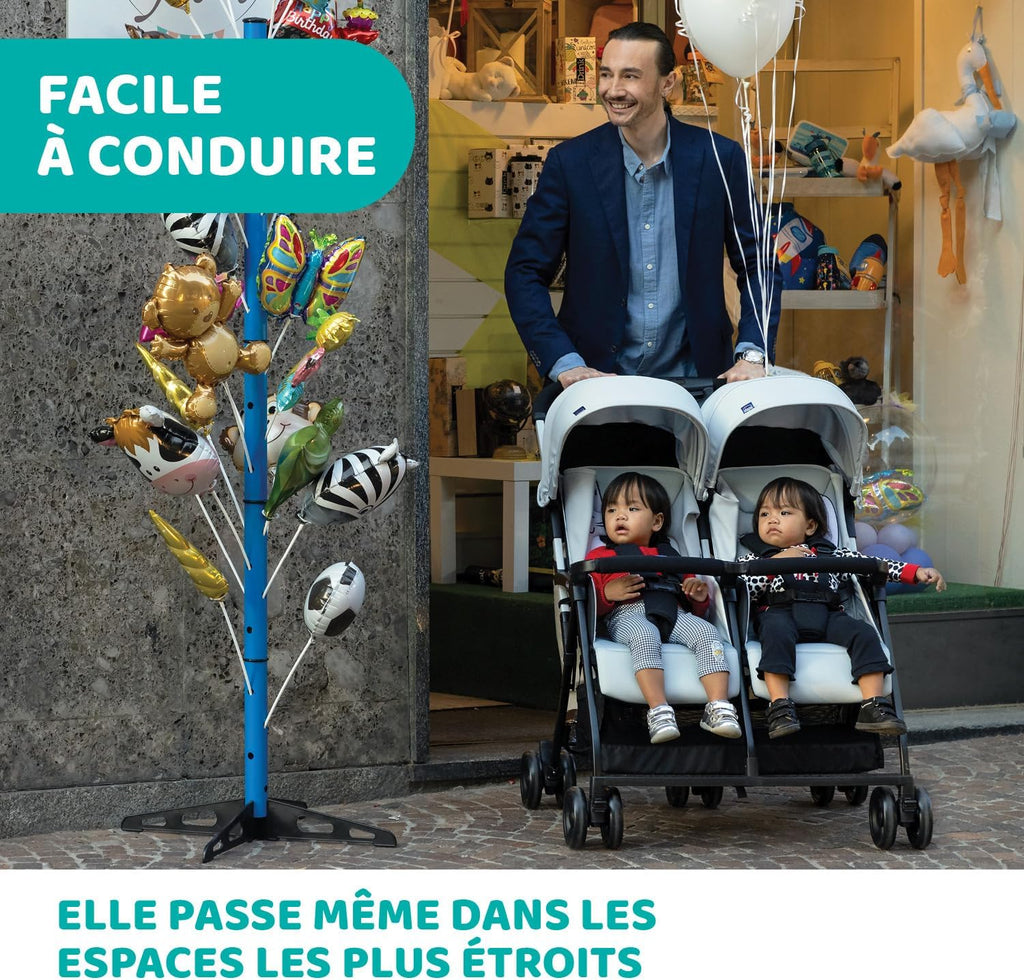 Chicco OHlalà Poussette Double Tandem, Légère Inclinable et Pliable, pour Jumeaux dès la Naissance jusqu'à 15 kg, Fermeture Compacte, Housse de Pluie Incluse, Capote Extensible – Noir