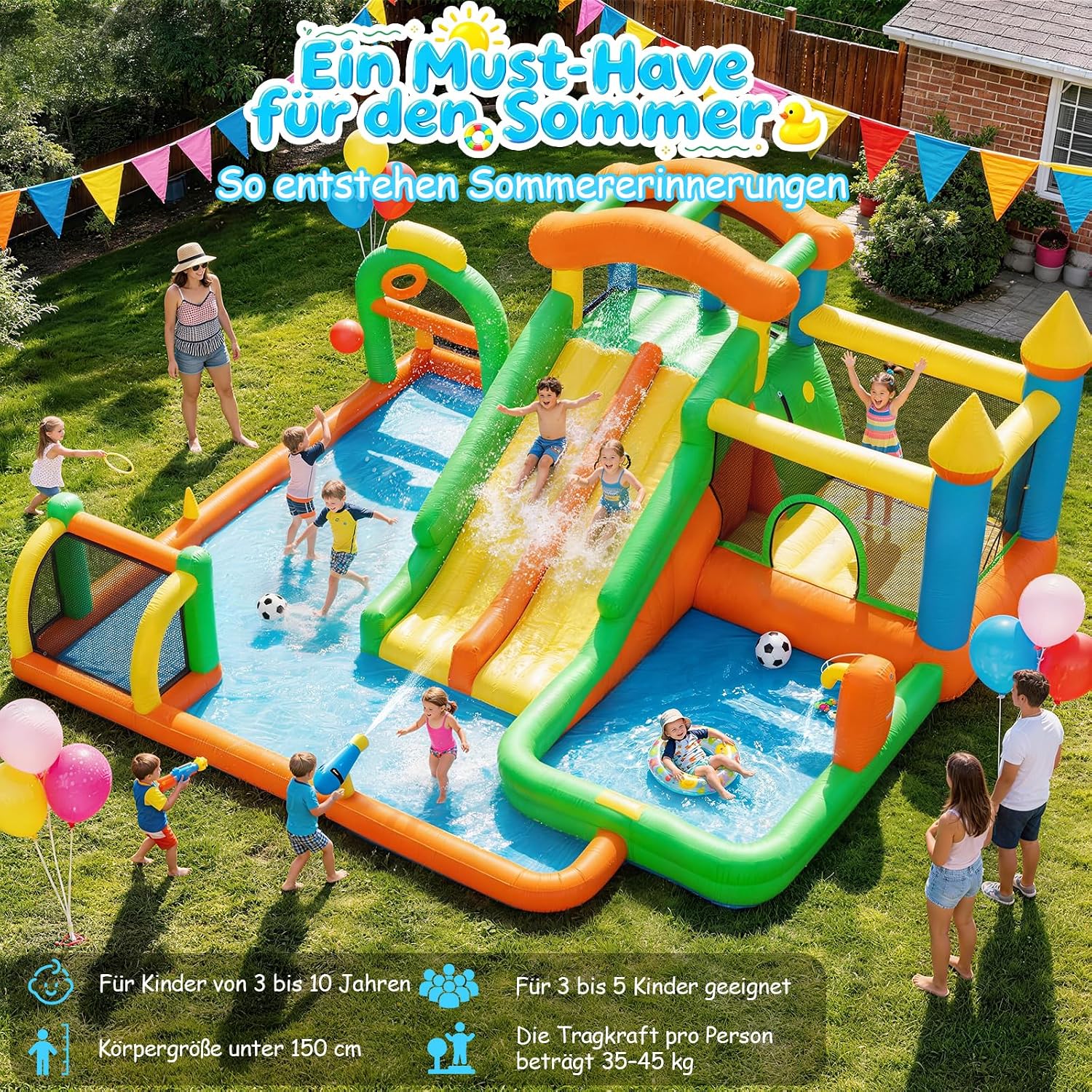 FOOING Grand toboggan aquatique gonflable avec 2 toboggans et pataugeoire pour enfants – Château rebondissant avec deux voies pour les fêtes de jardin et de cour, plaisir d'été en plein air