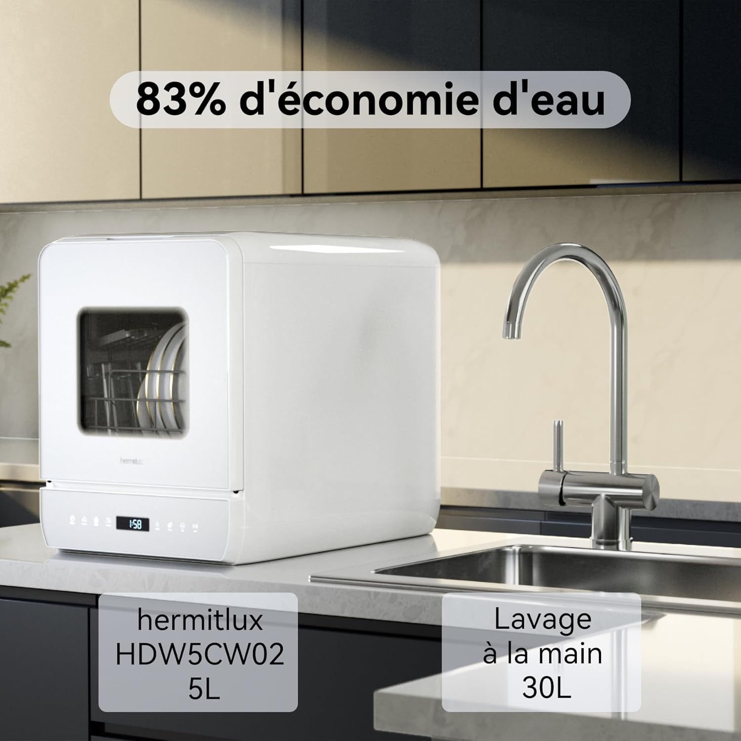 Mini lave-vaisselle de table, 6+1 Programmes de lavage, 5 Couverts et réservoir d'eau de 5L