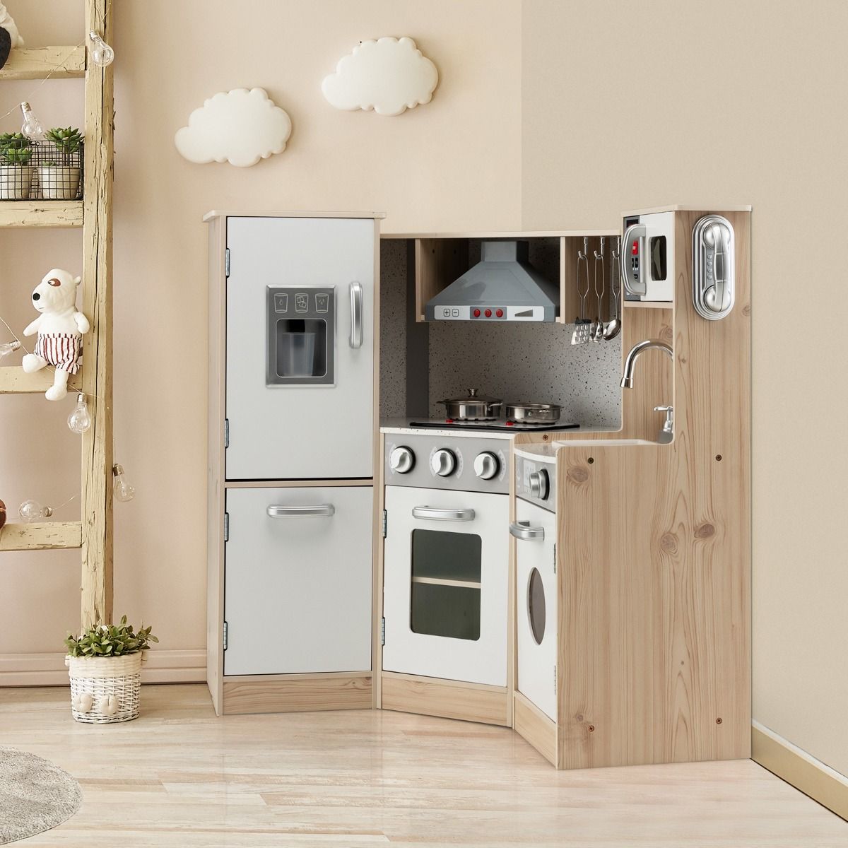 Cuisine Enfants en Bois XXL Angle 105 x 49 x 85 cm ( L x l x H ) Cuisine Complet avec Four Lave Linge 3 An+