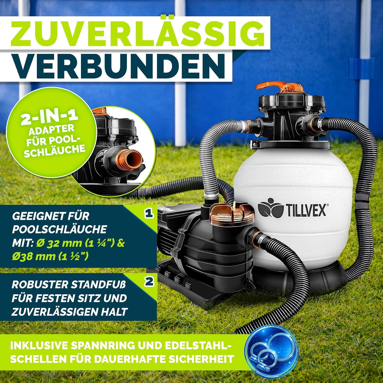 tillvex Système de Filtre à Sable 10 m³/h + 800g Boules de filtre – 7 Fonctions de Filtration | Filtre de Piscine avec indicateur de pression | Filtre à sable pour les bassins aquatiques & piscines