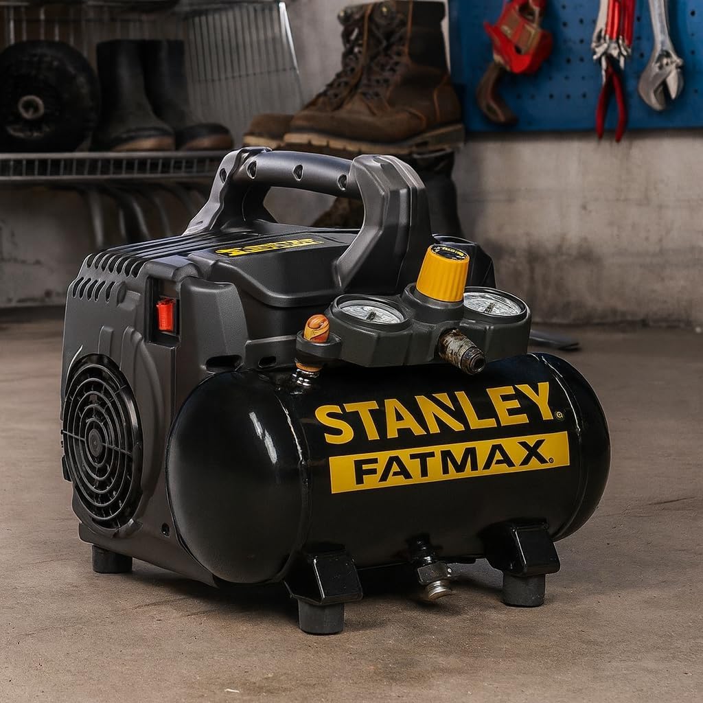 Stanley Compresseur FATMAX DST 101/8/6 FMXCM00 - Compresseur d'air portable et pour voiture 8 bars - 6 L - 105 l/min - Sans huile - Silencieux - IP43-1450 tr/min - Noir/Jaune