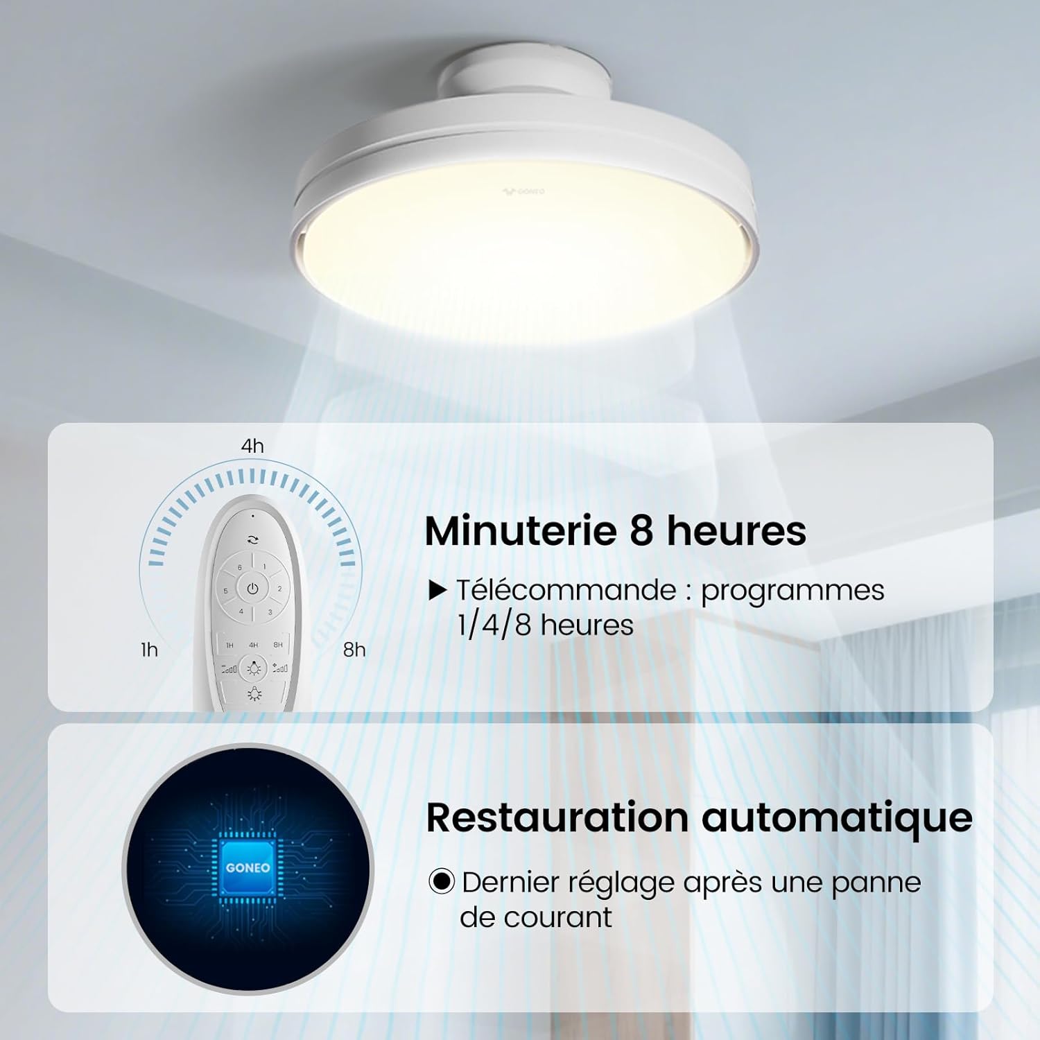 GONEO Sans Pale Silencieux Ventilateur de Plafond avec Lumière et Telecommande Ventilador Plafonnier LED avec 60W Dimmable 6Vitesses DC 3Températures de Couleur Minuterie Ra≥97 Mémoire pour Chambre