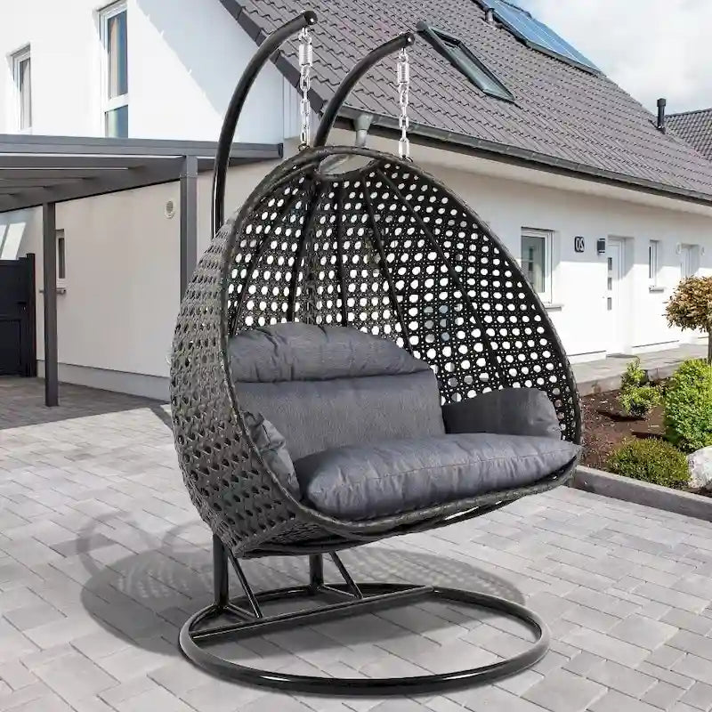 LeisureMod 2 Person Hanging Egg Chair with Stand - Outdoor/Indoor Rattan Wicker Patio Swing Hammock Lounger with Cushions