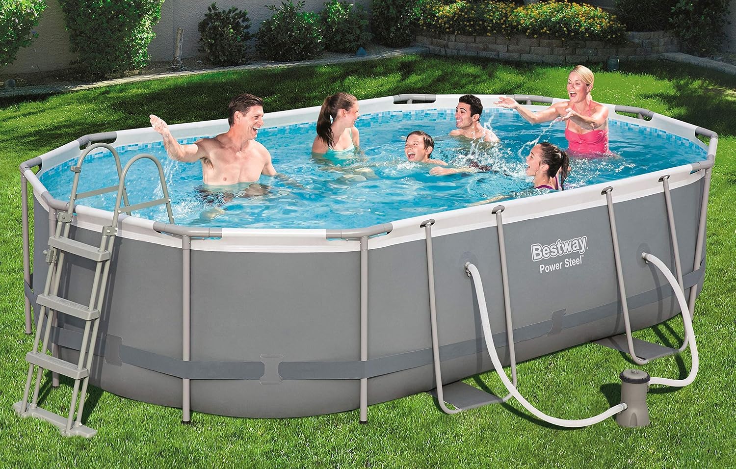 Bestway Power Steel Framepool Kit complet ovale avec pompe de filtration, échelle et bâche 488 x 305 x 107 cm