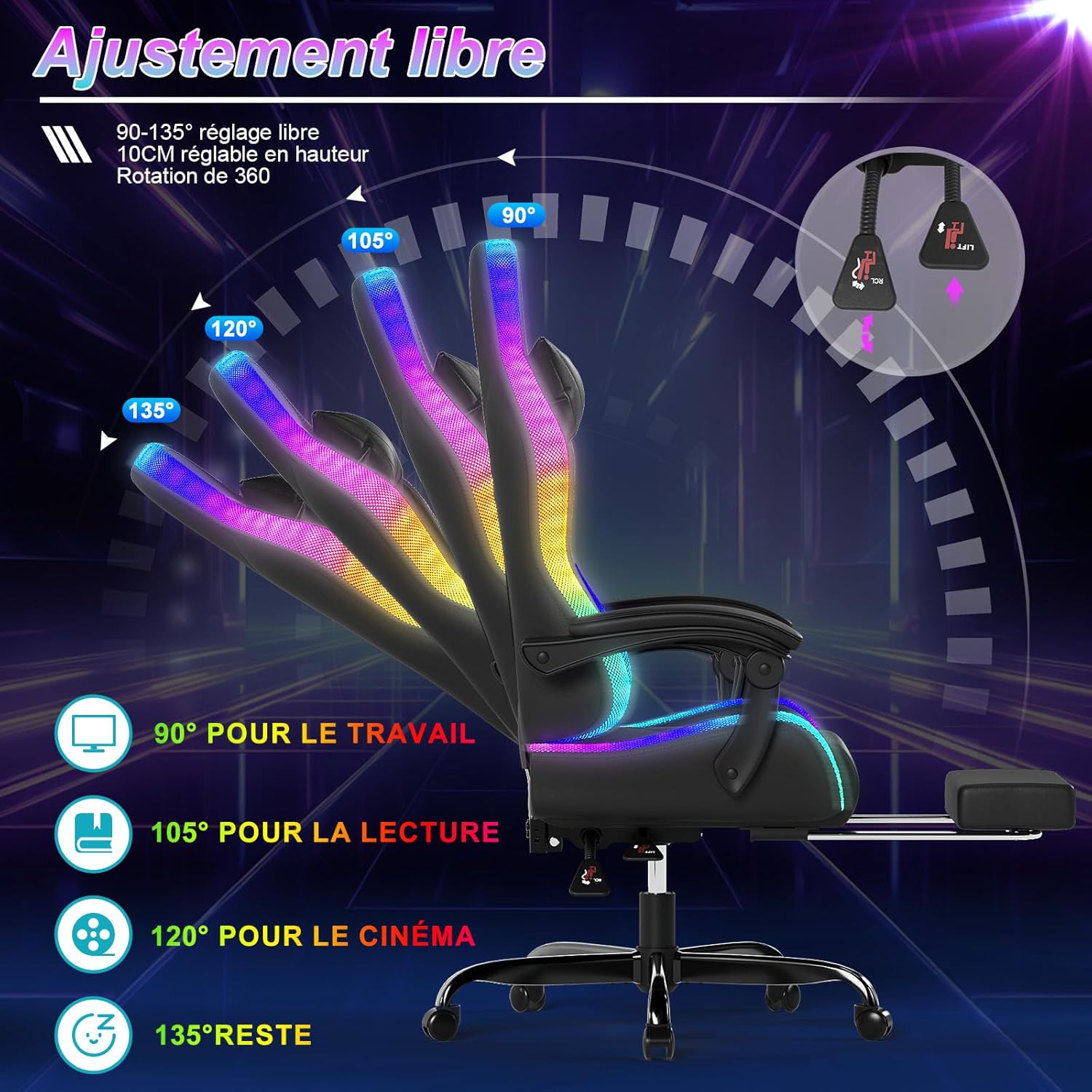Devoko Chaise Gaming Ergonomique avec LED RGB, Massage Lombaire & Repose-Pieds – Fauteuil Gamer avec Appui-tête réglable – Dossier inclinable & Hauteur Ajustable – 180 kg – Noir