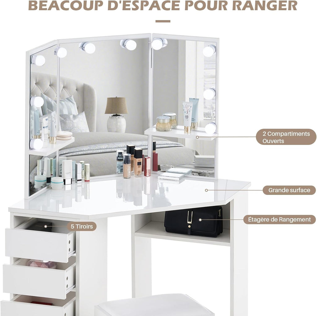 Coiffeuse avec Miroir Triptyque et Tabouret, Coiffeuse d'angle Miroir Tabouret 2 Compartiments 5 Tiroirs, Table de Maquillage Blanc Moderne Femme Cadeau avec LED
