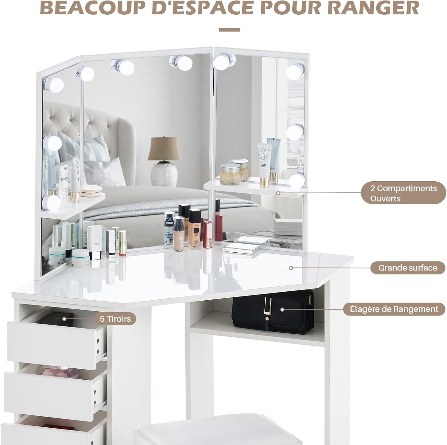 Coiffeuse avec Miroir Triptyque et Tabouret, Coiffeuse d'angle Miroir Tabouret 2 Compartiments 5 Tiroirs, Table de Maquillage Blanc Moderne Femme Cadeau avec LED