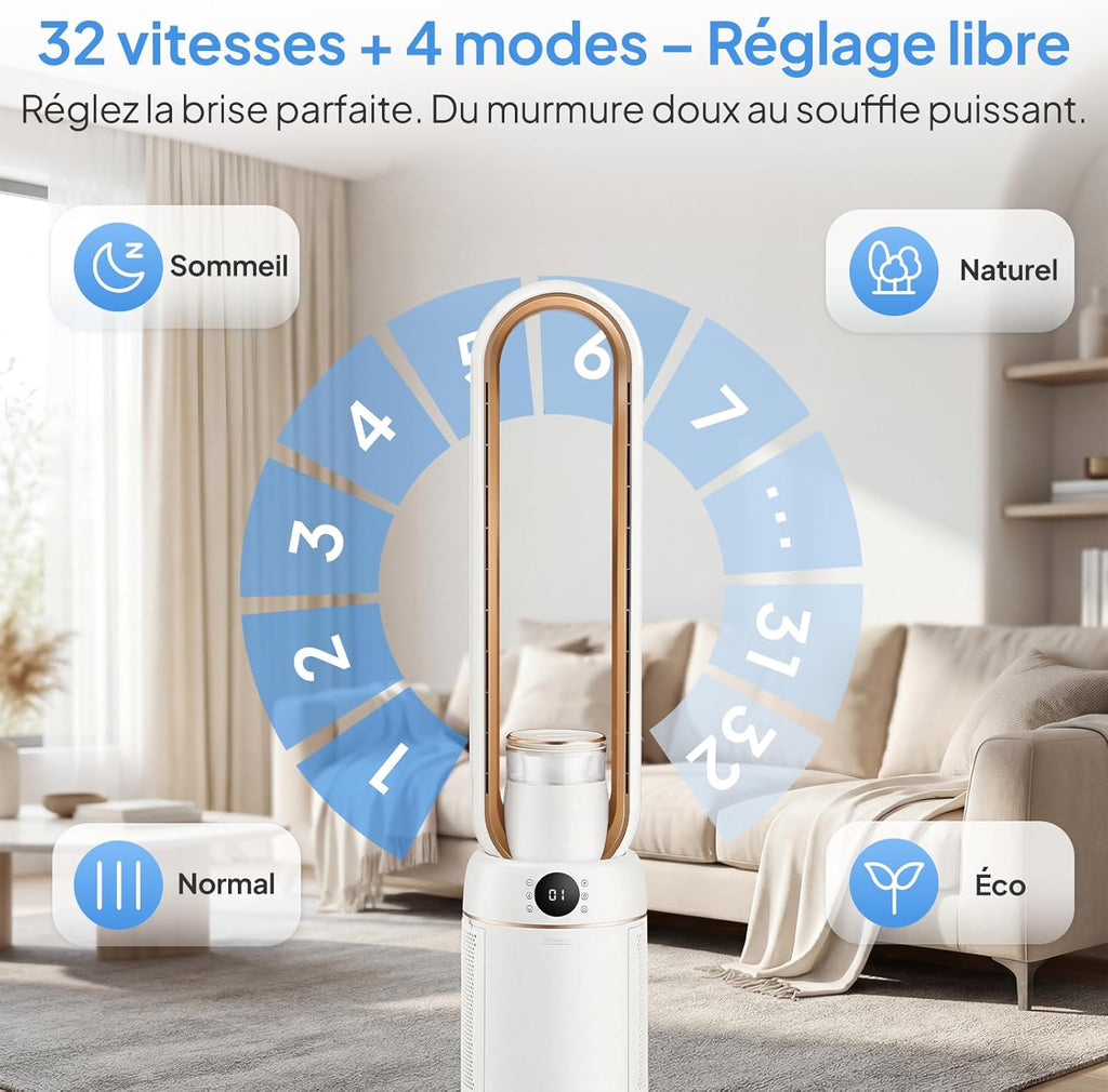 ROVSUN Ventilateur Colonne Purificateur d'Air, Ventilateur Sans Pales 110 cm, Humidification, Ions Négatifs, Stérilisation UV, 32 Vitesses, 4 Modes, 15H Minuteur, Oscillation 80°, Tactile+Télécommande