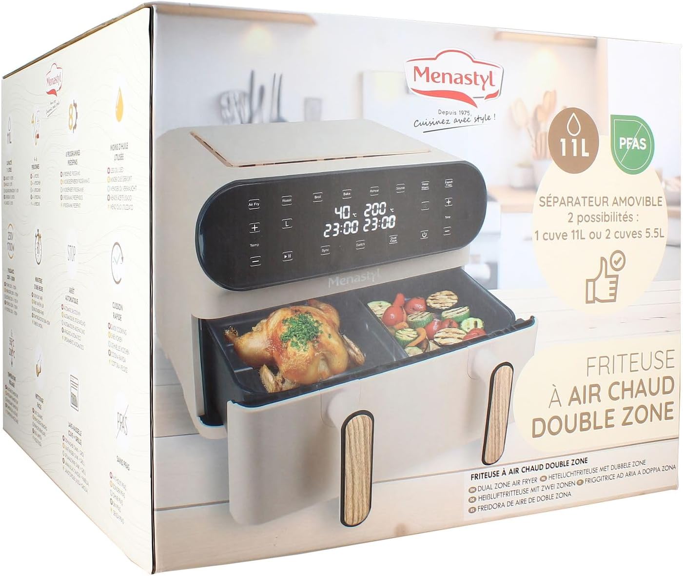 MENASTYL - Friteuse Sans Huile Deux Cuves - Capacité 11L XXL - Air Fryer Double Compartiments - Écran Tactile LED 6 Programmes - Cuisson Saine et Rapide 40-200°C - Grille Antiadhésive - Couleur Crème