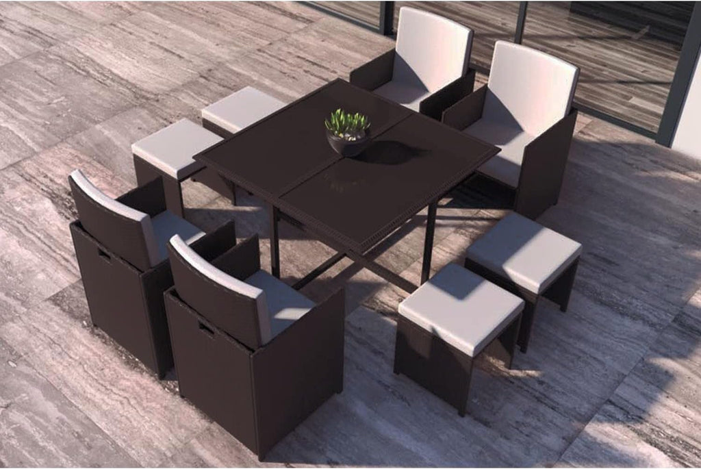 CONCEPT USINE - Salon De Jardin Florida 8 Personnes en Résine Tressée Marron - 1 Table en Verre - 4 Fauteuils - 4 Poufs - Coussins Blanc - Encastrable, Résistant, Imperméable