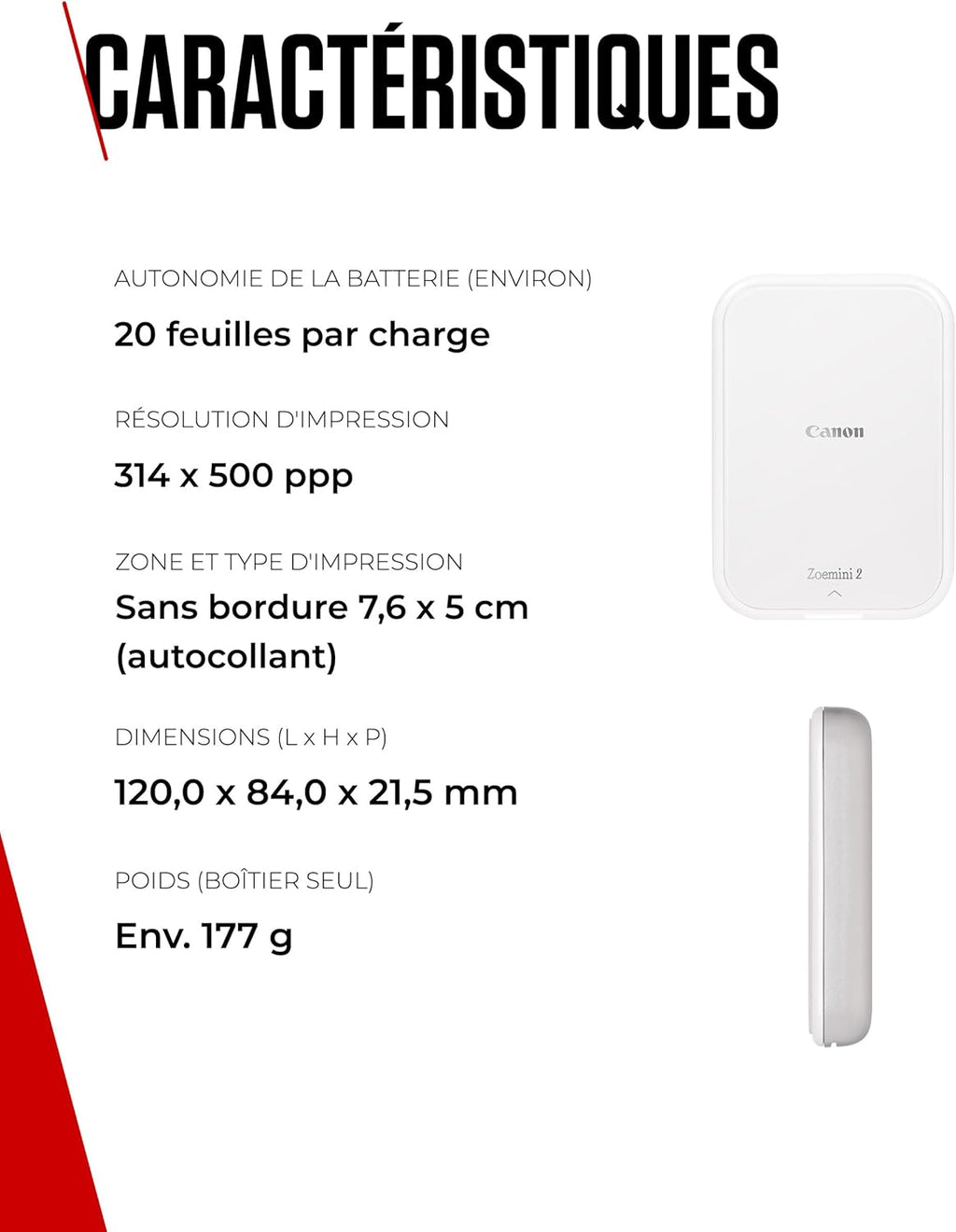 Canon Zoemini 2 Imprimante Photo Portable - Mini Imprimante Portable - Mini Imprimante Photo - Compacte et sans Fil - Bluetooth 5.0 et Charge Rapide Type-C - Imprimante de Voyage, Perle Blanche