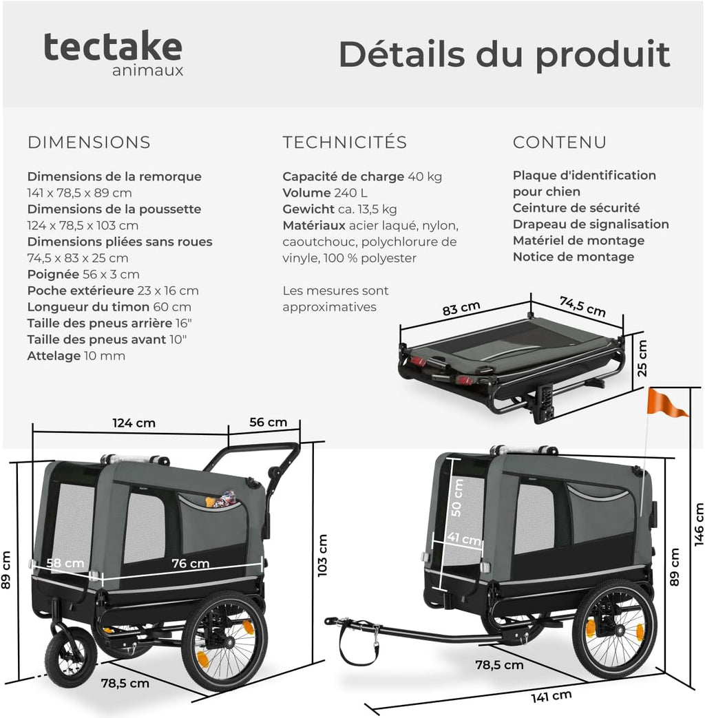 tectake® Remorque Velo Chien 3 en 1 Pliable avec Reflecteurs, Drapeau, Remorques Vélo pour Chiens Aussi comme Poussette Chien Animaux de Compagnie de Taille Moyenne Charge Maximale 40 kg