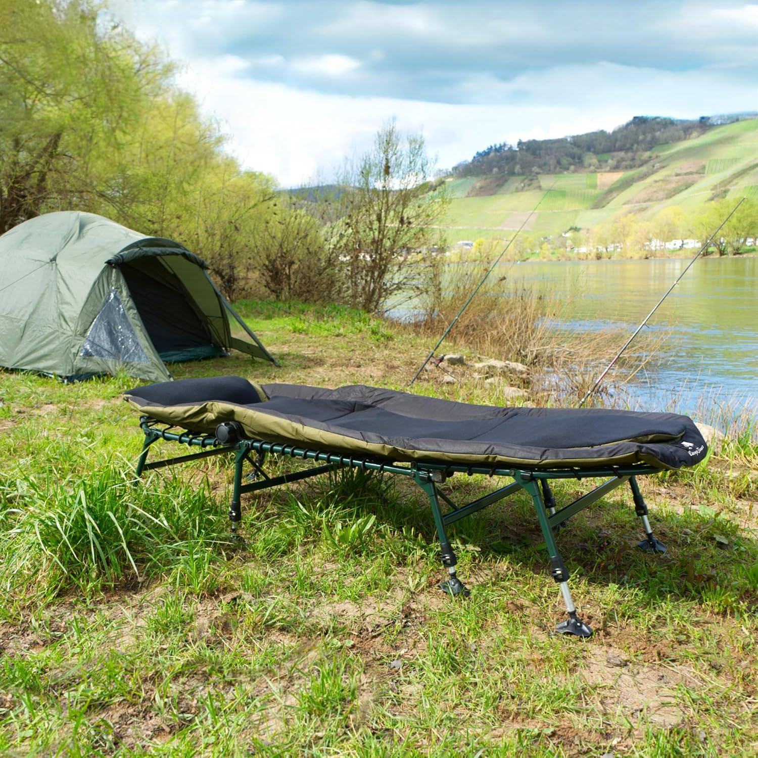 CampFeuer Chaise Longue pour pêche à la Carpe XXL 210 x 85 x 45-60 cm | Chaise de pêche Longue avec 8 Pieds à Hauteur réglable | Chaise Pliable, Confortable, rembourré pour pêche à la Carpe