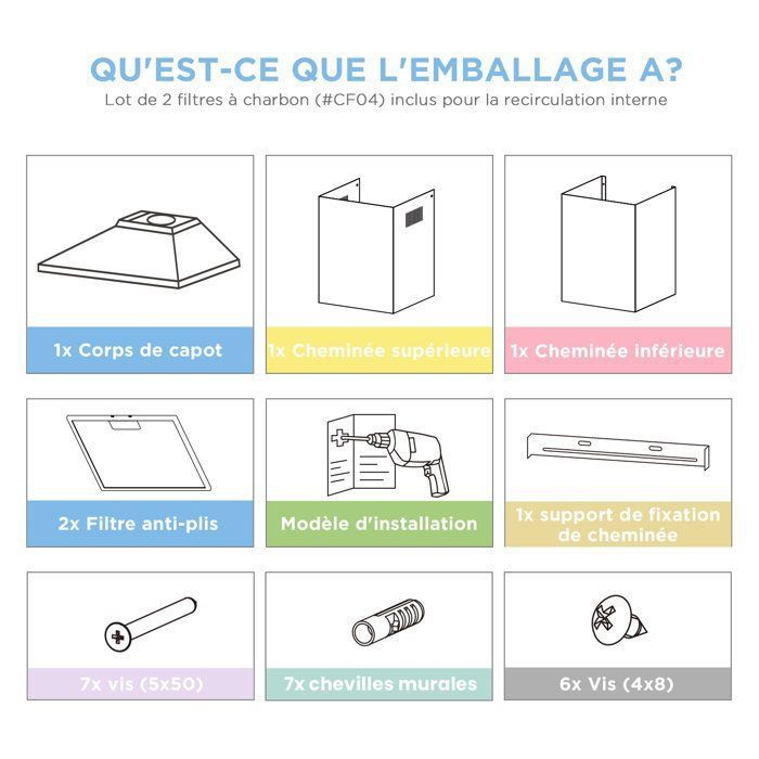Hotte Aspirante 60cm Comfee - 400 m³/h - Classe A++ - 2 Filtres à Charbon - 3 Vitesses - Recyclage & Évacuation - LED lampe - Inox