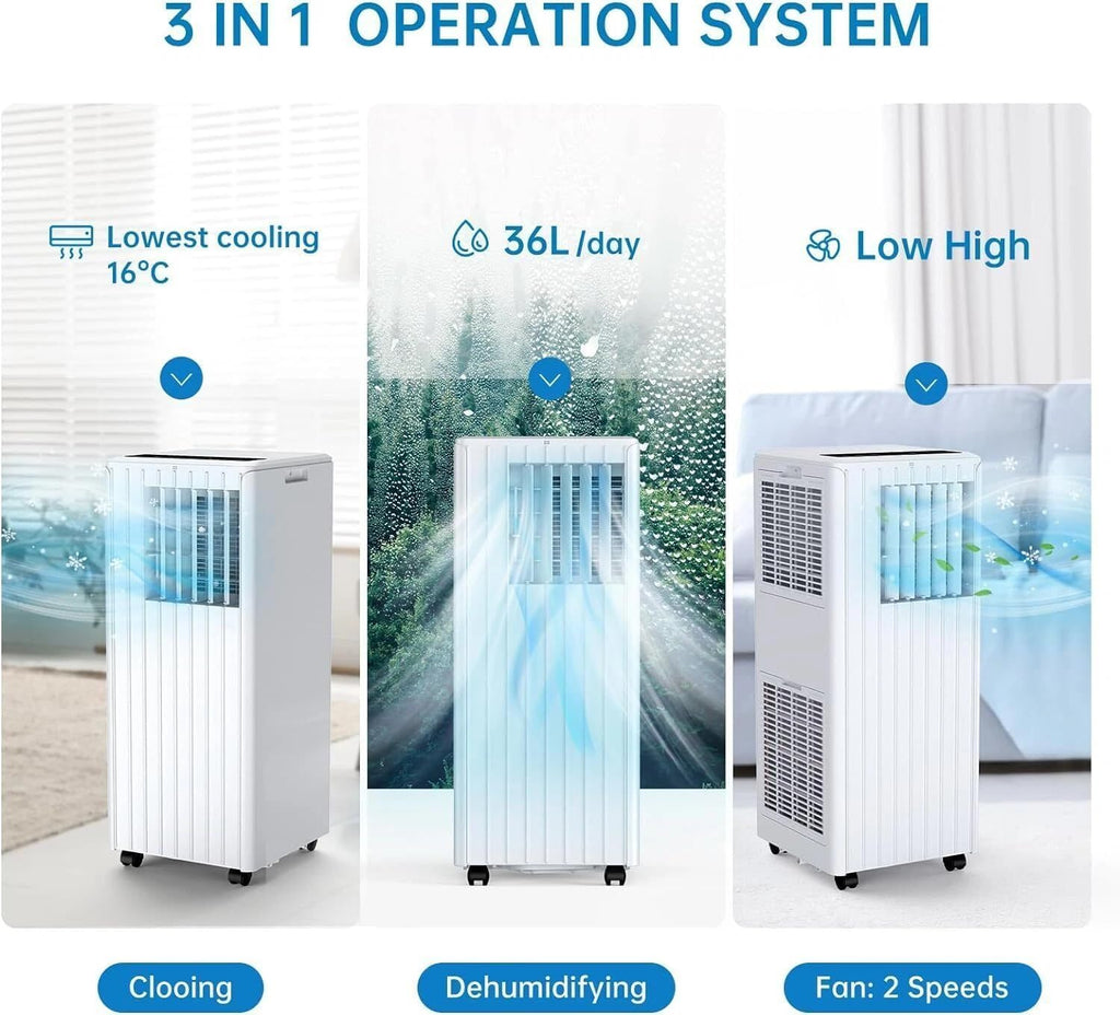 Climatiseur Mobile 7000 BTU 2,05 kW, 3-en-1 : Froid, Déshumidificateur 36L/jour, Ventilateur, Mode Nuit, Minuterie 24h, Télécommande, pour Pièces jusqu'à 28m², Kit d'évacuation pour fenêtre inclus