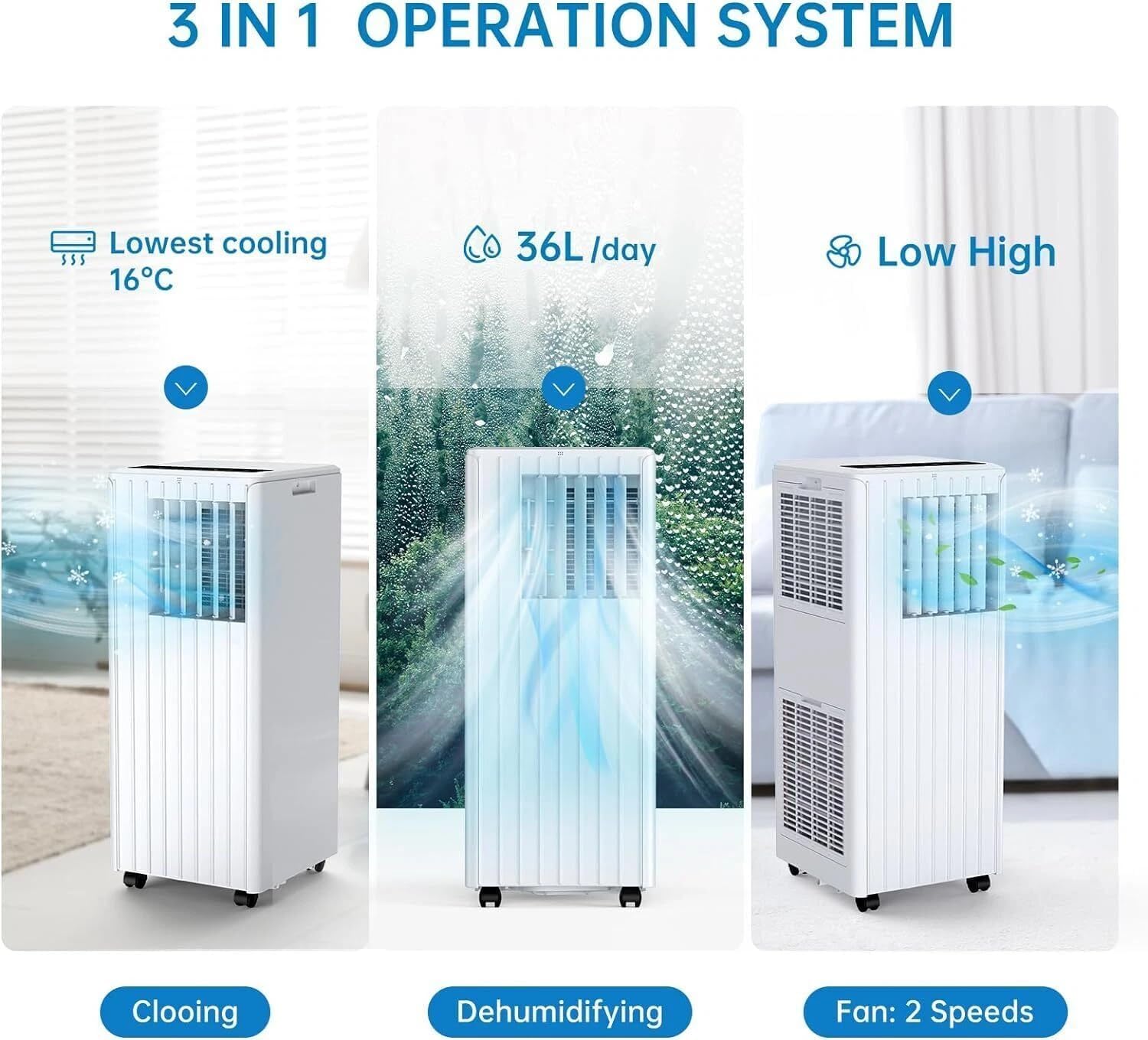 Climatiseur Mobile 7000 BTU 2,05 kW, 3-en-1 : Froid, Déshumidificateur 36L/jour, Ventilateur, Mode Nuit, Minuterie 24h, Télécommande, pour Pièces jusqu'à 28m², Kit d'évacuation pour fenêtre inclus