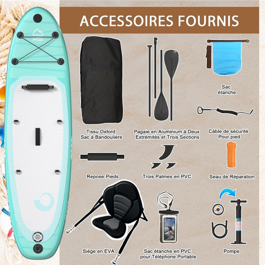 JUMMICO Stand Up Paddling Board, 320 cm x 80 cm x 15 cm, Planche de Sup Gonflable, Stand Up Paddle 2-en-1 avec siège de Kayak, Protection réglable Contre Les Rayures et Accessoires, jusqu'à 160 kg