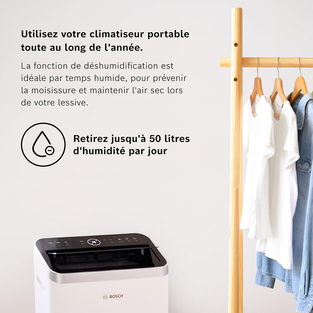 Bosch Cool 4000 Portable AC - 3 en 1 Climatiseur, Déshumidificateur, Ventilateur - 2,6 kW pour les pièces jusqu'à 35m² - Avec Mode Auto, Mode Silencieux et Mode Veille (48 db (A)) [Classe A+]