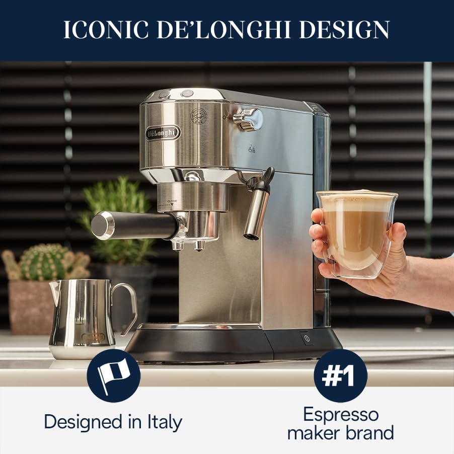 De'Longhi Dedica Espresso Machine, Coffee and Cappucino Maker with Milk Frother, Metal / Stainless, Compact Design 6 in Wide, Fit Mug Up to 5 in, EC680M