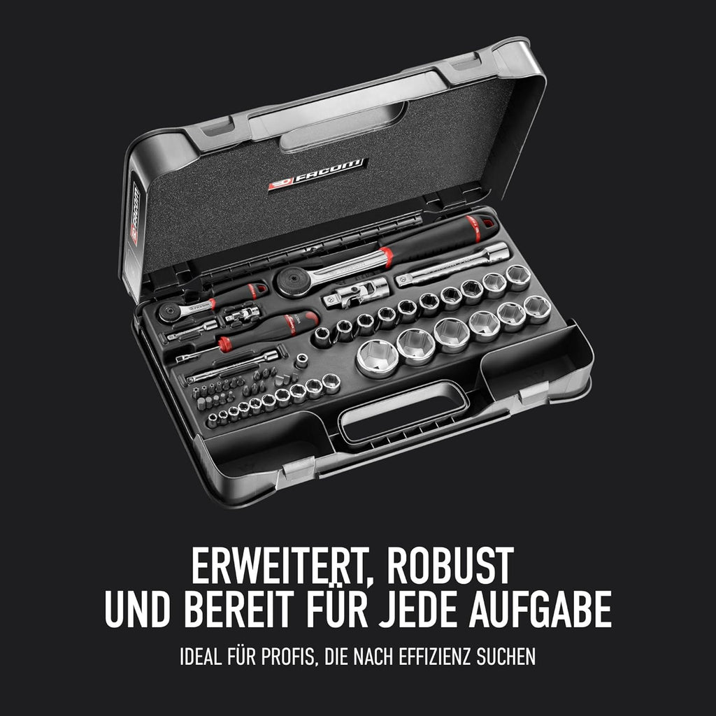 FACOM Coffret de Cliquets, Douilles et Embouts 1/4" et 1/2", 58 Pièces, Cliquets Étanches, MBOX, RS.161-2