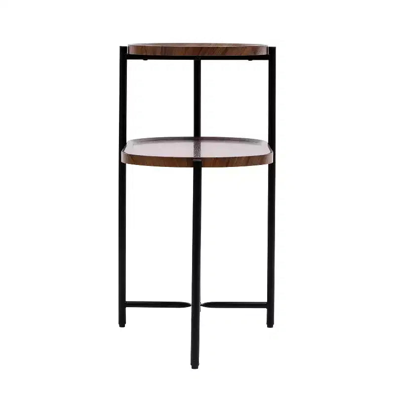 Petite table basse à 2 niveaux Noyer Marron, Étagère de rangement en bois Cadre en métal Table d'appoint pour canapé de salon