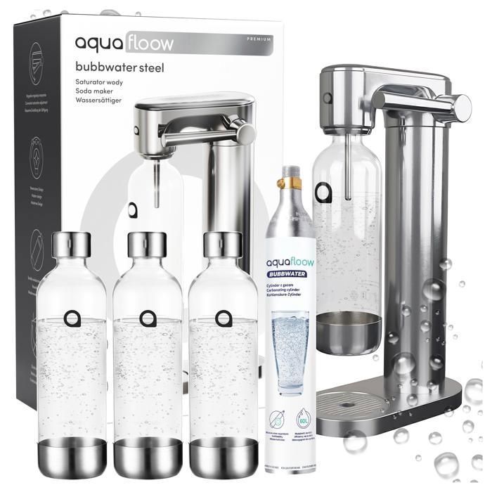 Aquafloow Machine à soda eau pétillante – acier – 3 bouteilles de 0,8 l – cylindre CO₂ inclus - Réglage d'intensité des bulles