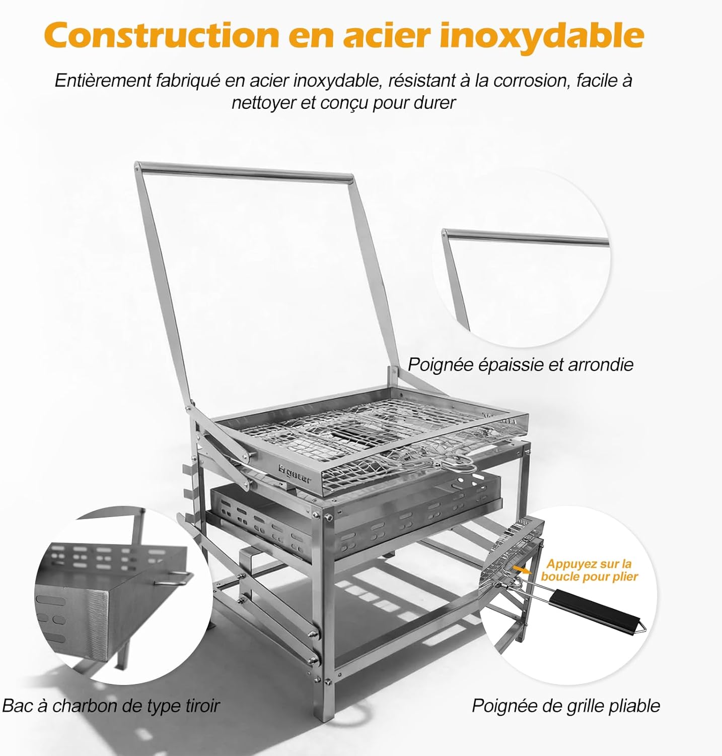 Ergocar Barbecue à Charbon Bois d'Extérieur Multifonctionnel Et Portable Rotatif Avec Plateau à Charbon Réglable à 4 Niveaux Idéal Pour Pique-Niquer Camper Et Faire Des Grillades En Plein Air