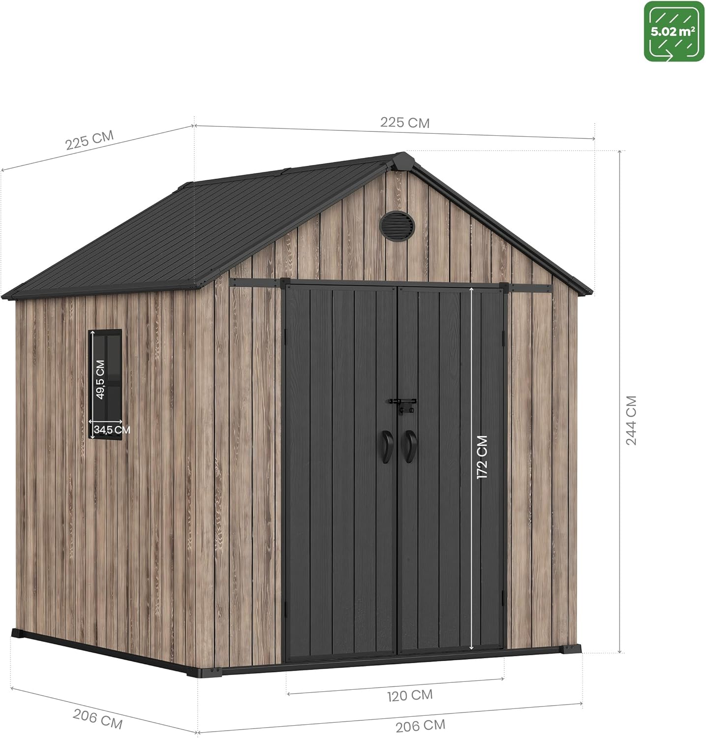 Hoggar Abri de jardin en résine 5,02 m² Oak O50 - Sol inclus - Fenêtre latérale - Aspect bois premium - Double porte large - Protection UV et imperméable - Fermeture par goupille - aérations