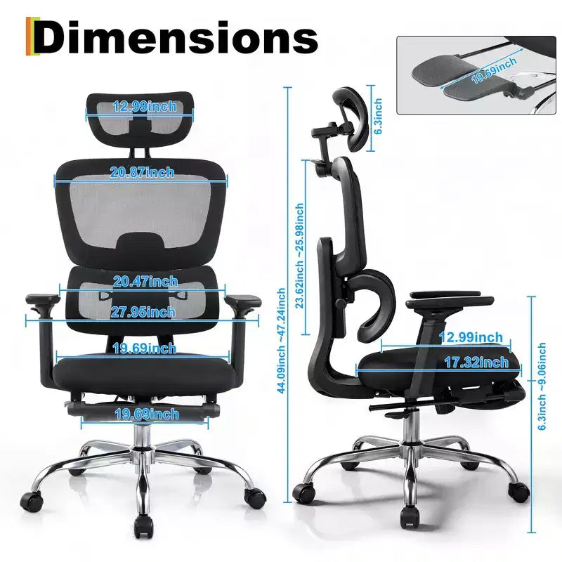Chaise de bureau ergonomique en maille, Chaise de bureau à dossier haut avec support lombaire réglable 136 kg, Accoudoirs relevables 4D, Dossier inclinable sur 3 niveaux, Appuie-tête 3D, Roues en PU