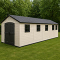 Abri de jardin resine 570x250x230cm beige toit noir double porte et 6 fenêtres pour entreposage de grande capacité