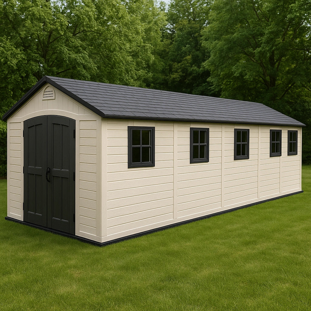 Abri de jardin resine 570x250x230cm beige toit noir double porte et 6 fenêtres pour entreposage de grande capacité