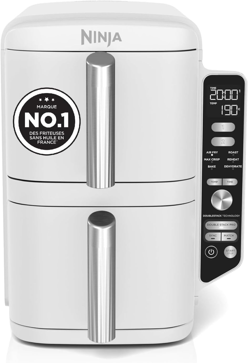 NINJA Double Stack XL Air Fryer, Friteuse sans huile Verticale Double Tiroir 4 Niveaux de Cuisson, 2 Tiroirs, 2 Grilles, Capacité de 9,5 L, 6 Fonctions, 8 Portions, Pinces, Blanc SL400EUWH