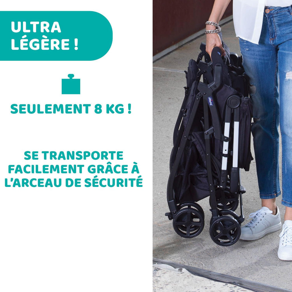Chicco OHlalà Poussette Double Tandem, Légère Inclinable et Pliable, pour Jumeaux dès la Naissance jusqu'à 15 kg, Fermeture Compacte, Housse de Pluie Incluse, Capote Extensible – Noir
